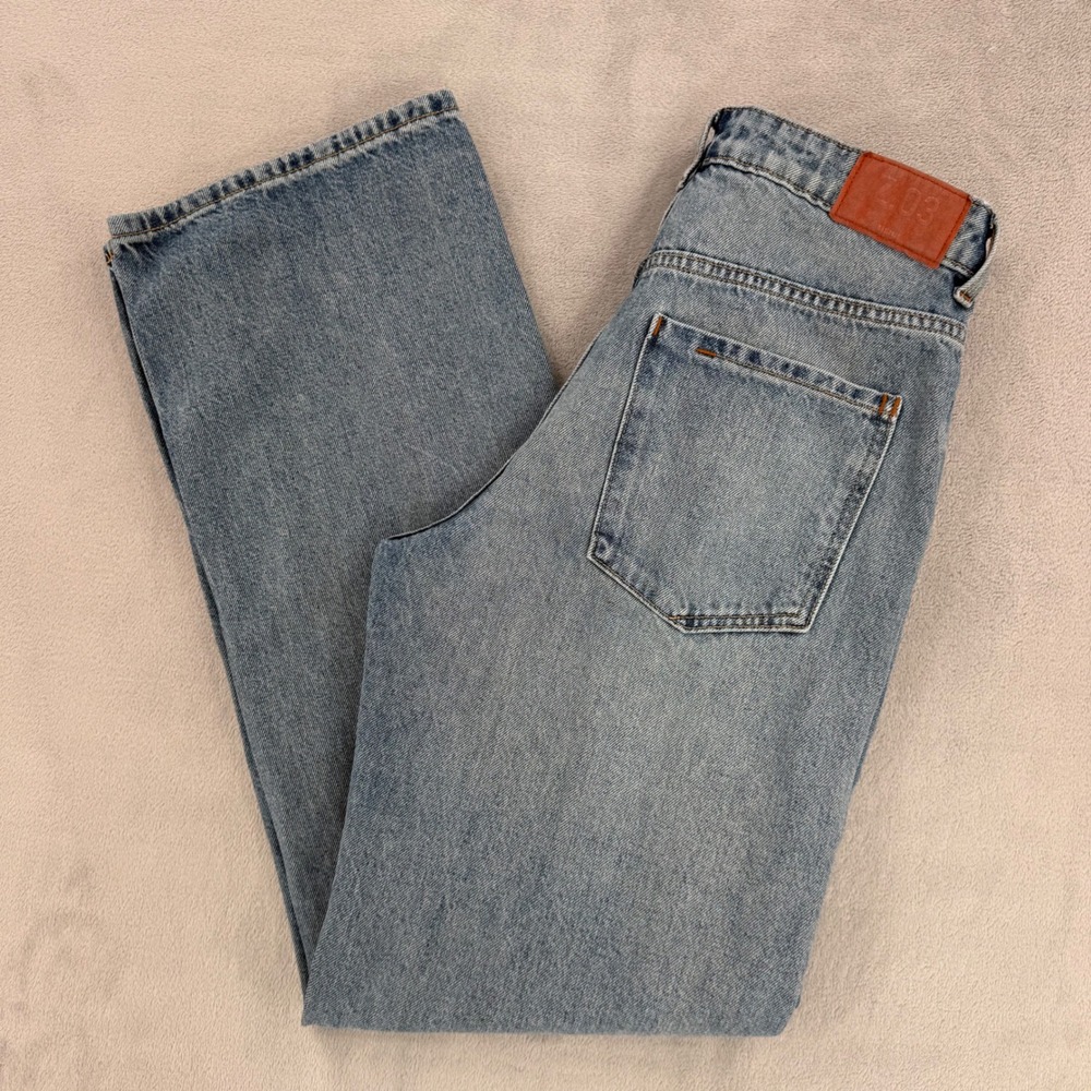 Zara Light Blue Straight Leg Jeans with Brown Patch